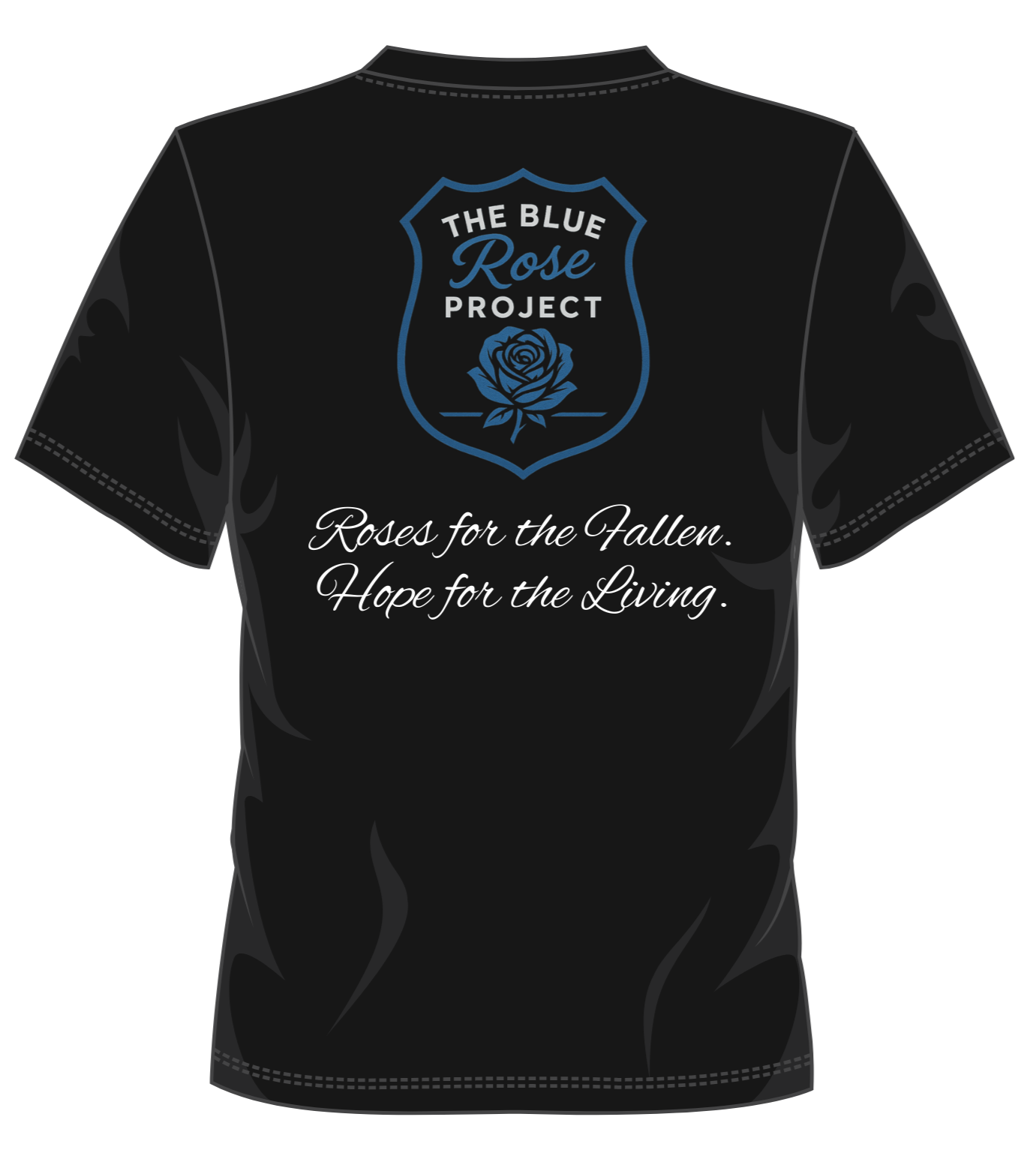 Black t-shirt with 'The Blue Rose Project' logo and text on a white background