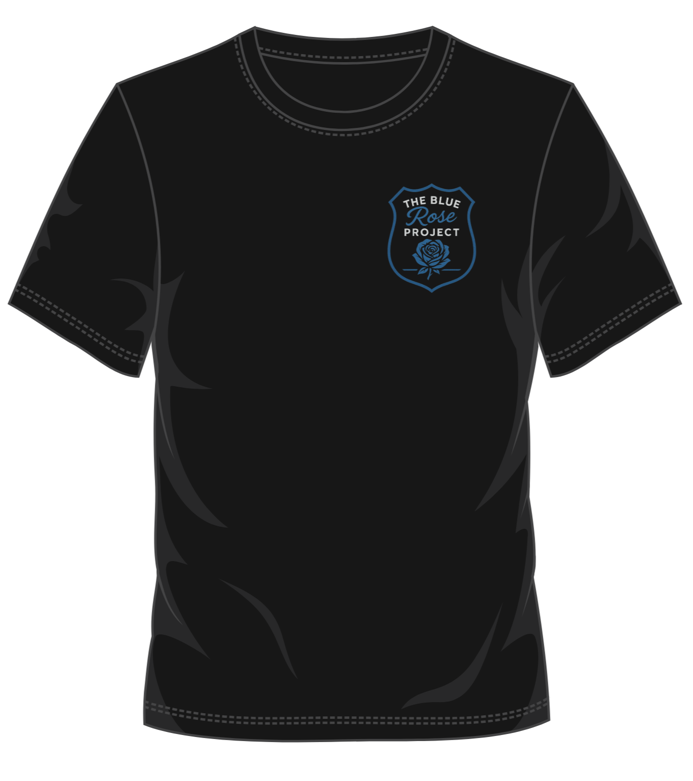 Black t-shirt with a blue logo on a white background