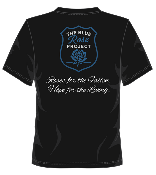 Black t-shirt with 'The Blue Rose Project' logo and text on a white background